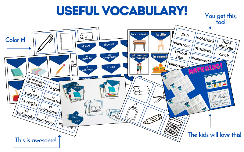Sample pages from the product, Back to School Spanish Vocabulary Cards, by K and B Life: https://kandblife.com.