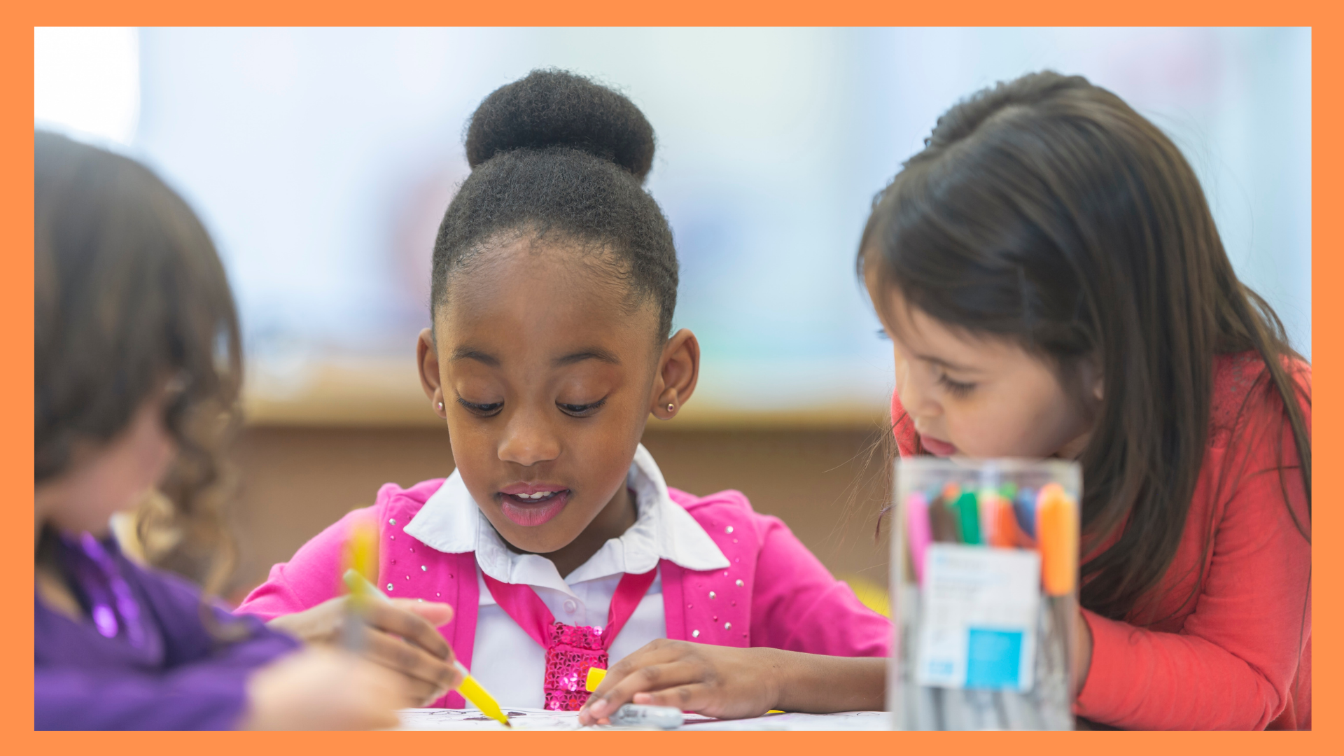  A young girl coloring with some friends looking on for the product El Otoño: Fall Spanish and Dual Language Vocabulary Coloring Pages