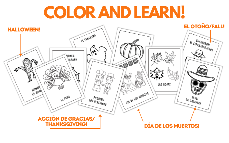 Sample pages for El Otoño Spanish and Dual Language Coloring Pages