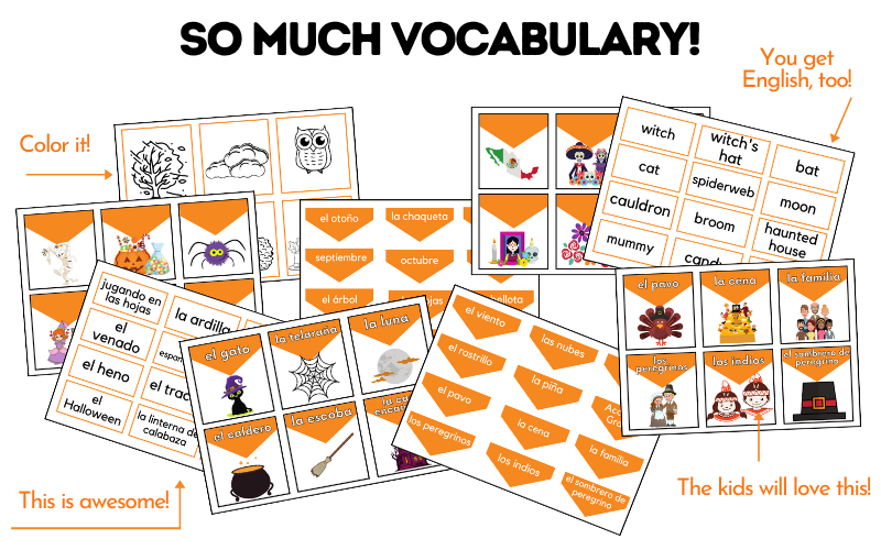 Sample pages from the product El Otoño: Spanish Vocabulary Cards for the Whole Season