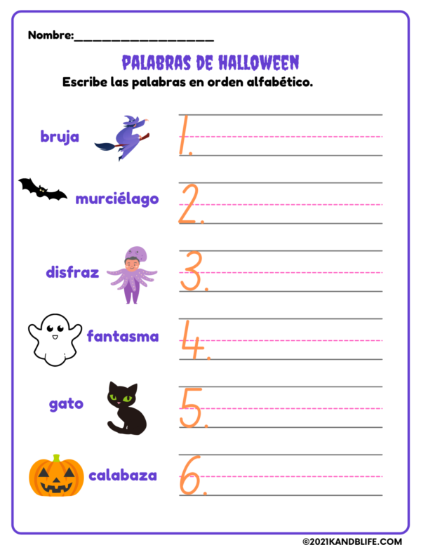Sample of the product ABC Order Worksheets for Fall in Spanish.
