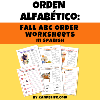 Sample pages from The Fall ABC Order Worksheets from K and B Life against a black and orange background.