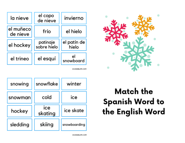 Sample page of the Winter Spanish Vocabulary Card Product