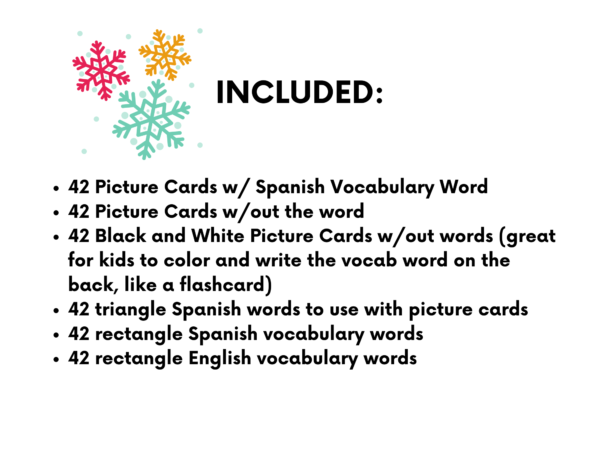 List of what's included in the Spanish Winter Vocabulary Card product.