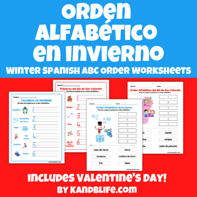 Sample pages and the words in white against a blue/red background, "Orden Alfabético en Invierno: Winter Spanish ABC Order Worksheets".