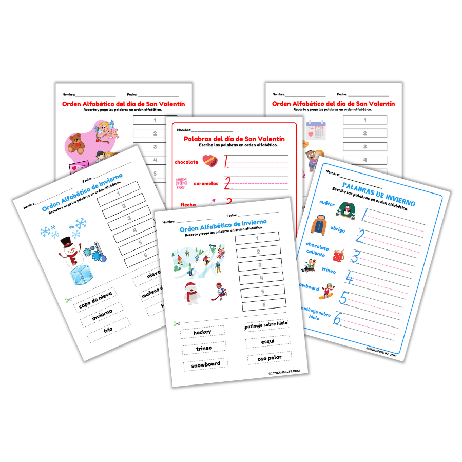 Sample pages from Orden Alfabético en Invierno: Winter Spanish ABC Order Worksheets 