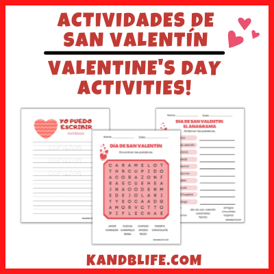 Red border with sample pages for the Valentine's Day Acitivies in Spanish FREEBIE.