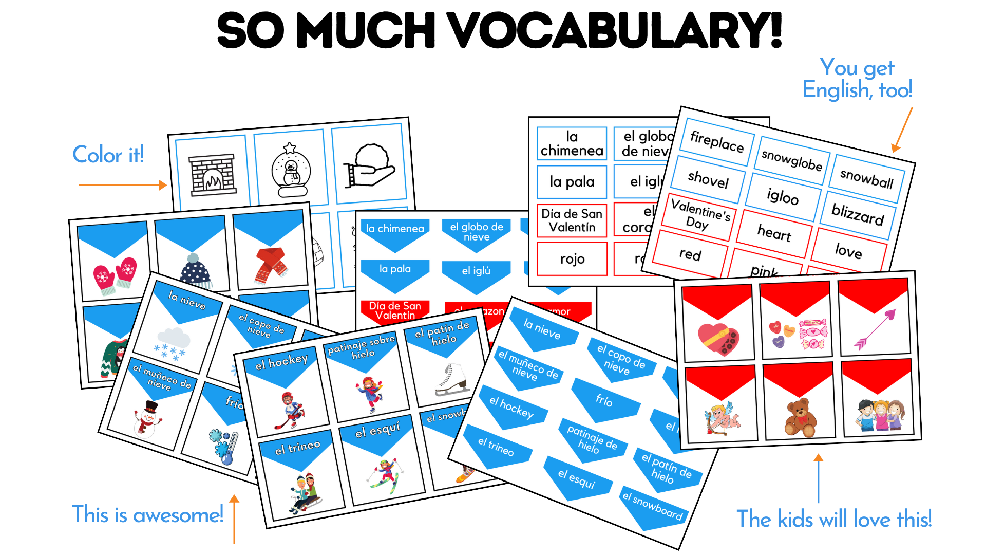Sample pages of Winter Vocabulary Cards in Spanish/Dual Language: Vocabulary de invierno