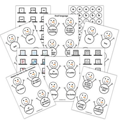 Sample pages from the High-frequency Words in Spanish Snowman Activity Product. Blue Background.