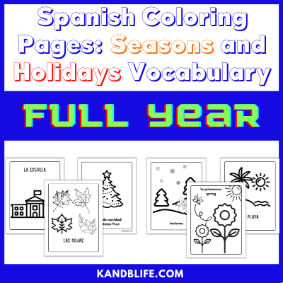 Spanish Coloring Pages product cover with Lime green and Blue colors and lettering.