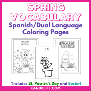 Pink border with sample pages of Spanish Spring Vocabulary Coloring Pages.