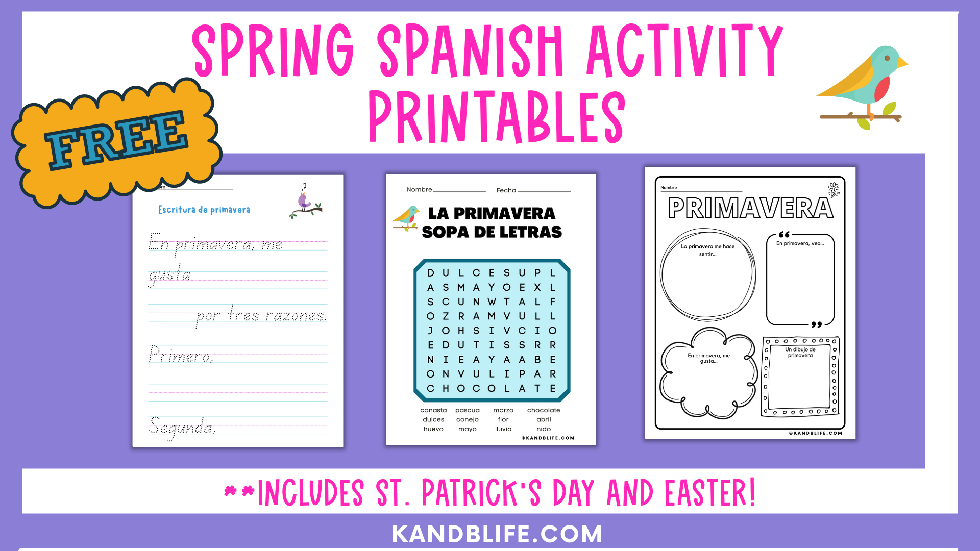 Spring Spanish Printables for kids. Purple Background with sample pages on it and a cute little bird. From K and B Life.
