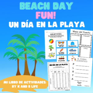Palm trees, sand and sample pages from the product Beach Day Fun! Un día en la playa.