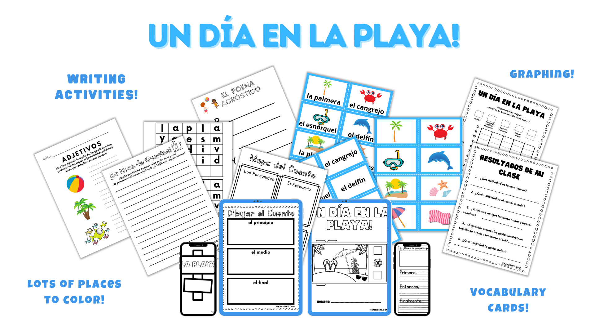 A display of pages in the Spanish Beach Day writing Activities packet.