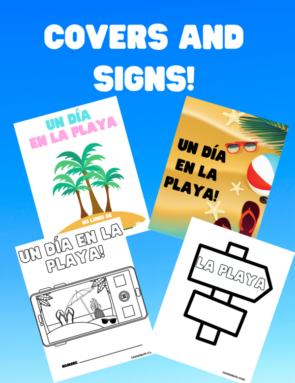 Sample covers and signs for Beach Day Spanish Activities