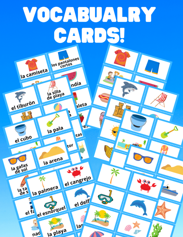 Spanish Vocabulary Cards for a Beach Theme.