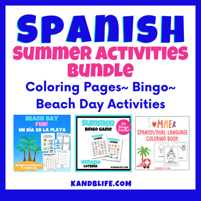 Display of 3 Spanish Summer Activities with a blue border. By K and B Life.