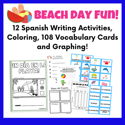 List of Beach Day fun Spanish Activities along with some sample pages from the product.