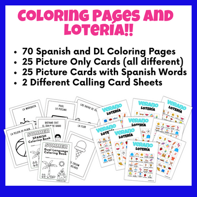 Display of pages from the Spanish Bingo game and Spanish and Dual Language Coloring Pages.