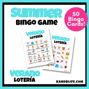 Cover with 2 bingo ame cards on it for the Summer Spanish Bingo Game.