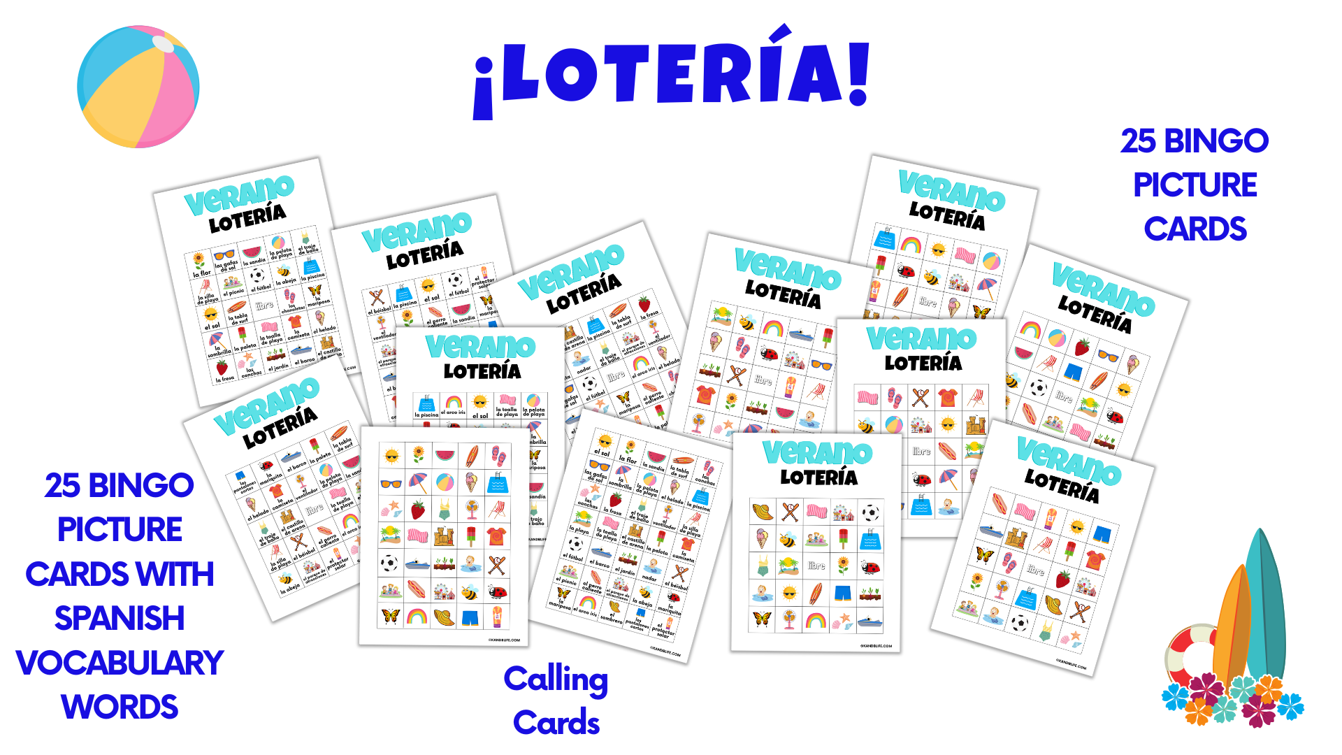 13 Sample pages from the product, Summer Themed Bingo Game, Lotería.