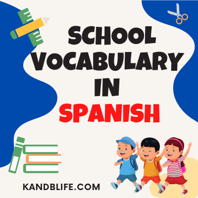 Featured Image for School Vocabulary in Spanish Article. Blue background with scissor and pencil graphics.