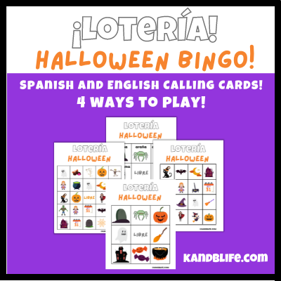 A game of Halloween Bingo with Spanish and English Calling Cards.