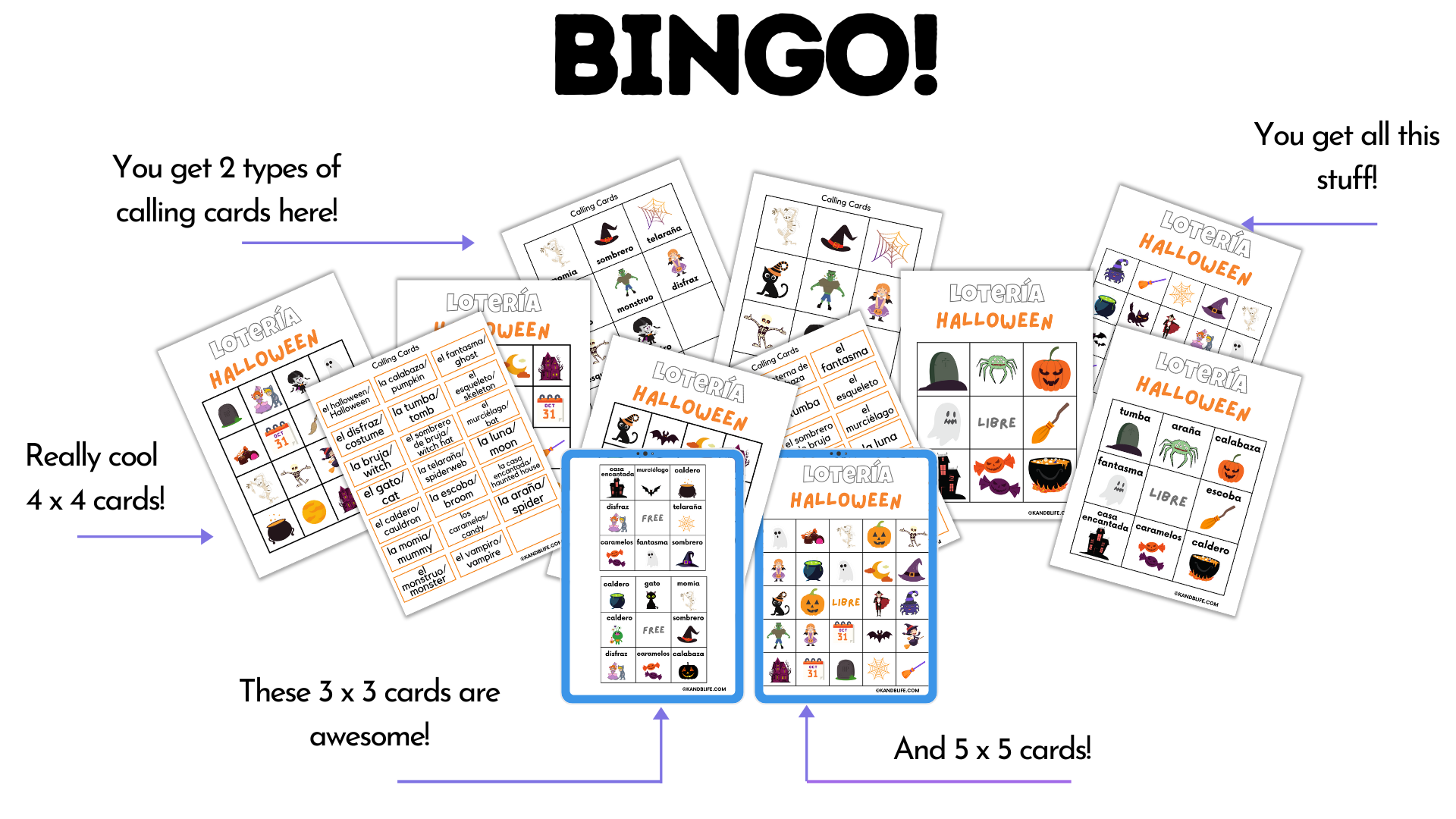 A huge collection of Bingo Cards for Halloween in Spanish!
