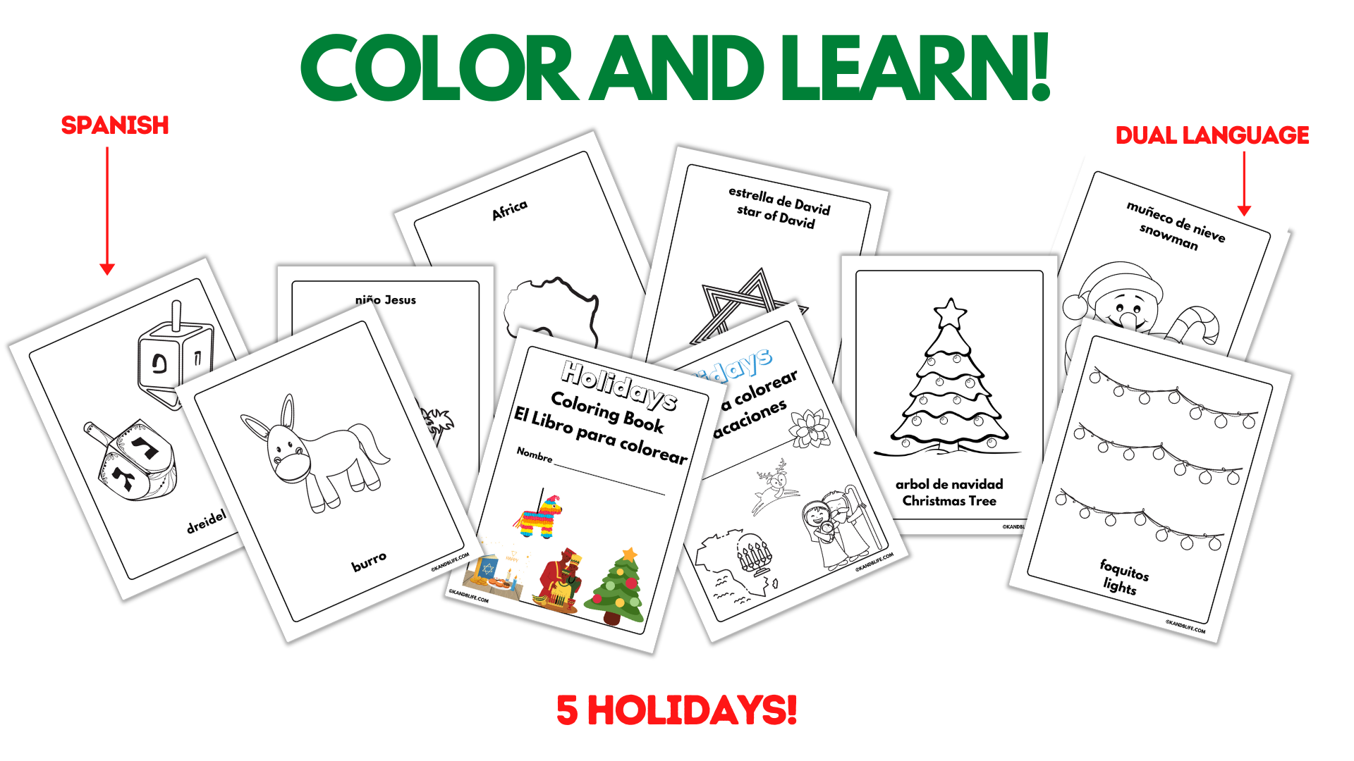 Spanish Holiday Vocabulary coloring pages.