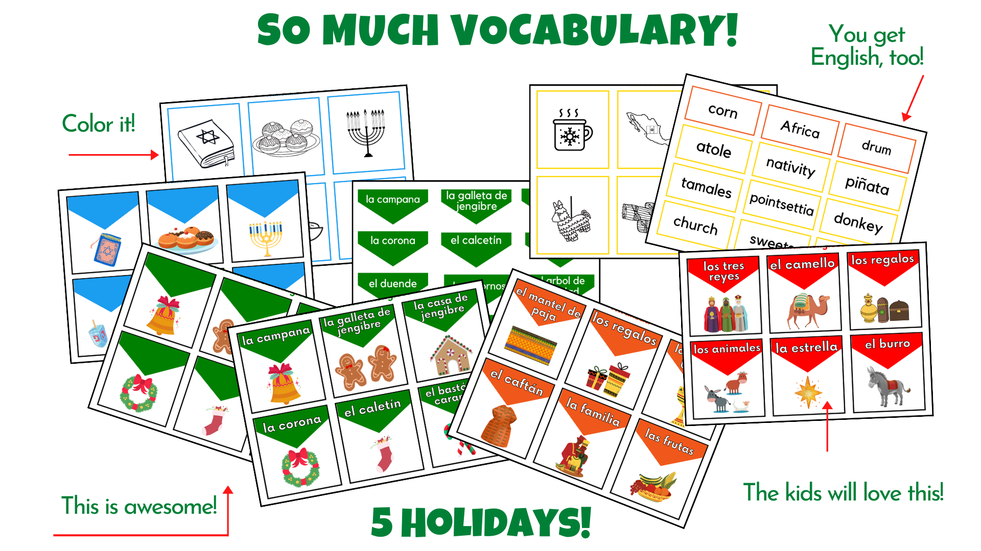 Product mockup of winter holiday vocabulary cards from K and B Life.